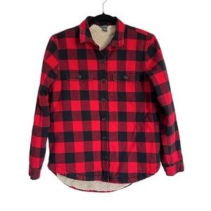 Eddie Bauer Womens Red Black Size S Plaid Shirt Jacket Shacket Sherpa Lined